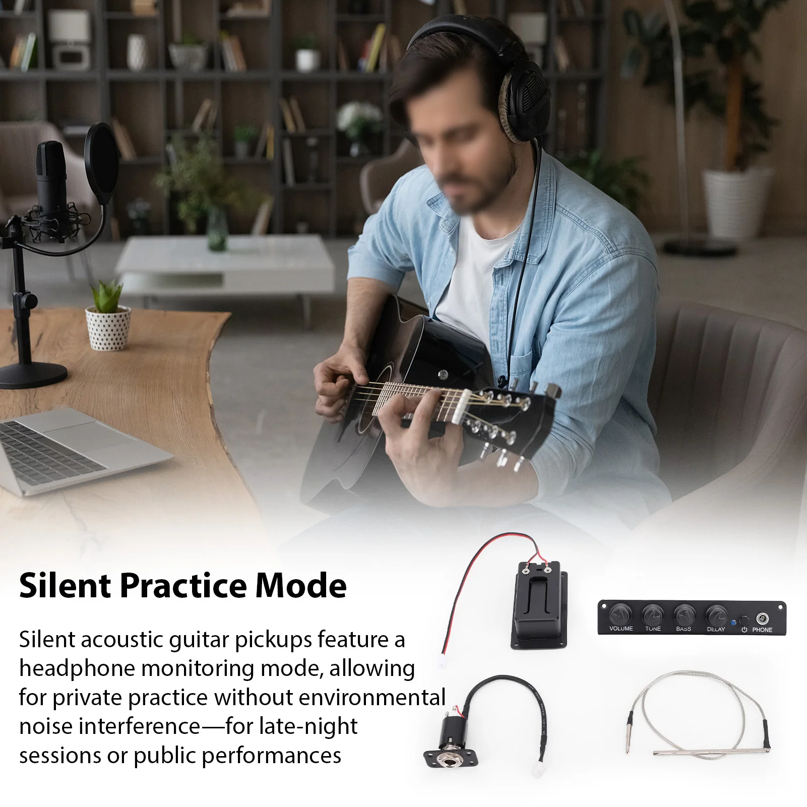 GUARD DE VOICE Guitarra silenciosa Pastilla piezoeléctrica Modo de monitoreo de auriculares Control EQ multidimensional Efecto de retardo para guitarras acústicas