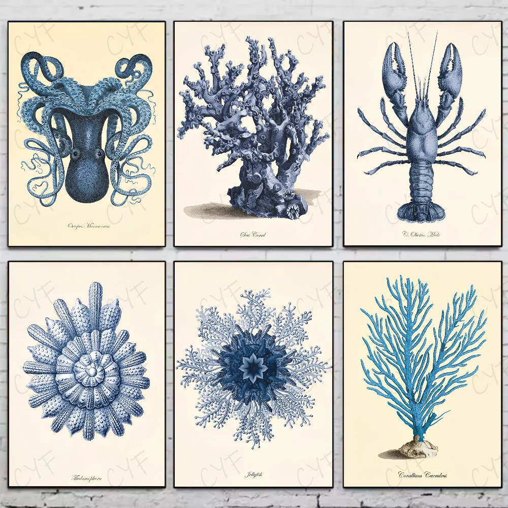 Blue Sea Creature Coral Shrimp Poster HD art sticky wall waterproof home living room bedroom bar aesthetic decoration