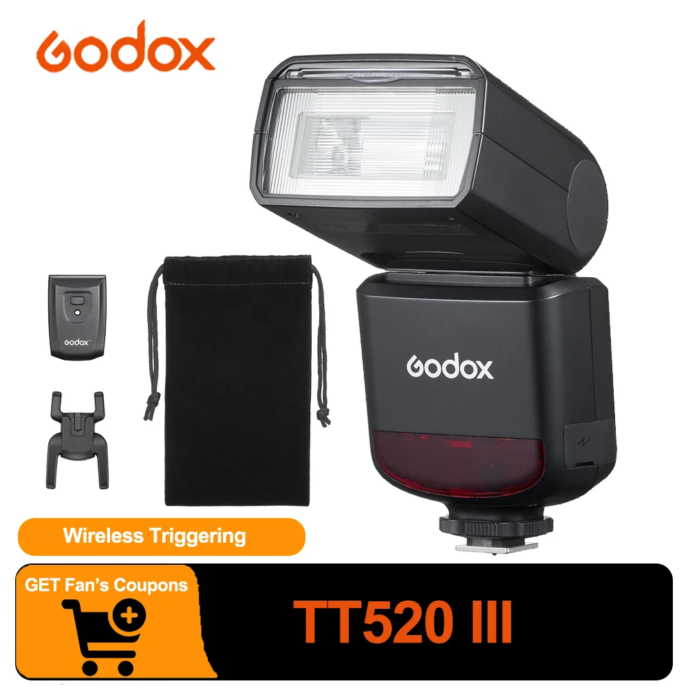 Godox TT520III 433MHz Wireless Triggering Included 16-Channel RT Transmitter Recycle Time 1.8S for Canon Sony Nikon Fuji Olympus