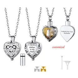 U7 Custom Photo/Text Urn Necklaces for Ashes Flowers Heart Pendant Necklaces Stainless Steel Cremation Jewelry Gift for Women