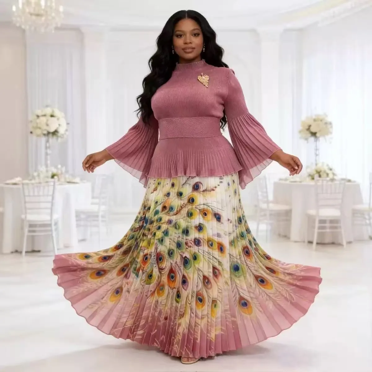 

Новинка 2026: Модный комплект Miyake с принтом павлиньих перьев, свободное женское платье с рукавами-колокол и комплект из двух предметов