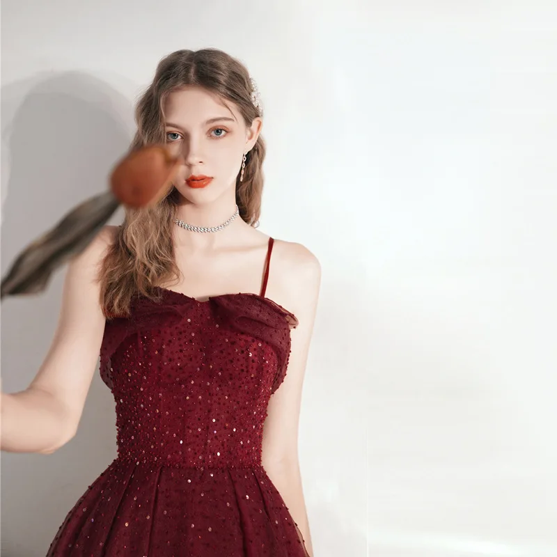 Luxury Sexy Burgundy Halter Neck Dress Evening Prom Dresses For Women Elegant Formal Party Ball Gown Dress Beads Decoration