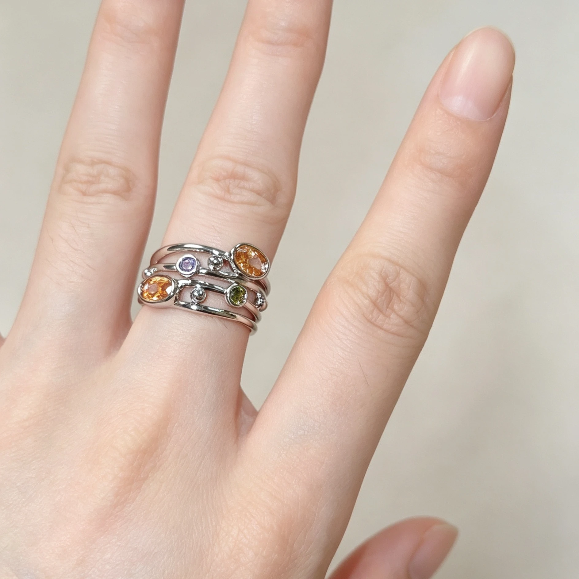 Bohemia Style Multi-layered Colorful Cubic Zirconia Finger Ring for Women Silver Color Daily Party Gift Statement Jewelry Кольца