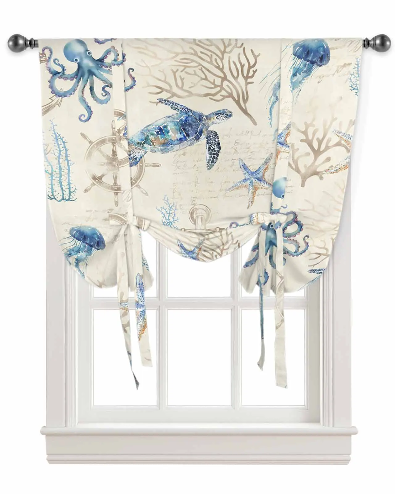 Summer Ocean Coral Turtle Anchor Window Curtains Tie Up Curtains for Kitchen Living Room Adjustable Rod Pocket Valances