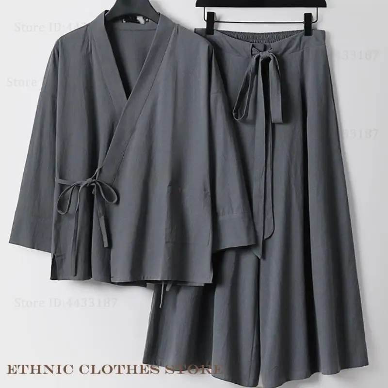 Plus Size 3XL-9XL Men Cardigan Pants Set Cotton Linen Japanese Kimono Haori Yukata Loose Jacket Harajuku Samurai Costume Hanfu