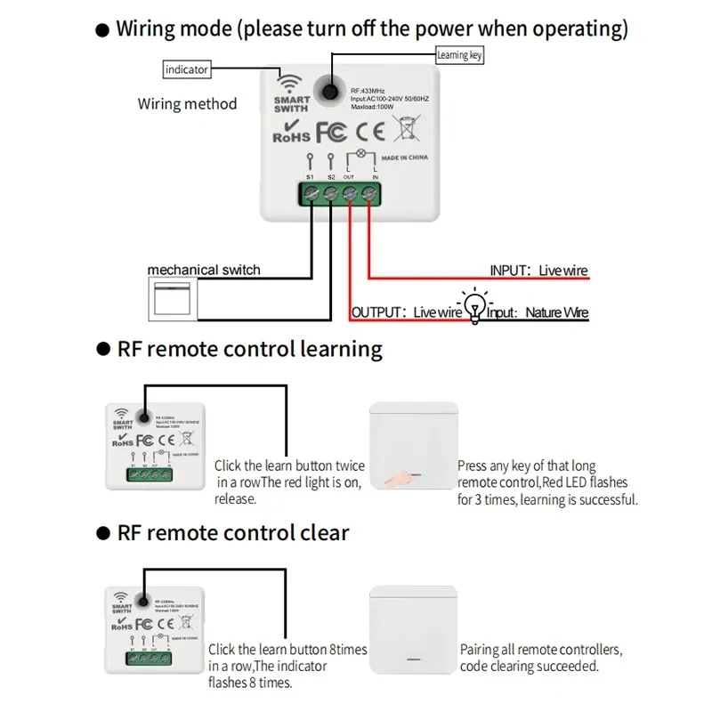 Aplicación inalámbrica tuya AC 85-240V 433Mhz RF Control remoto relé de palanca interruptor de luz con 2 transmisores