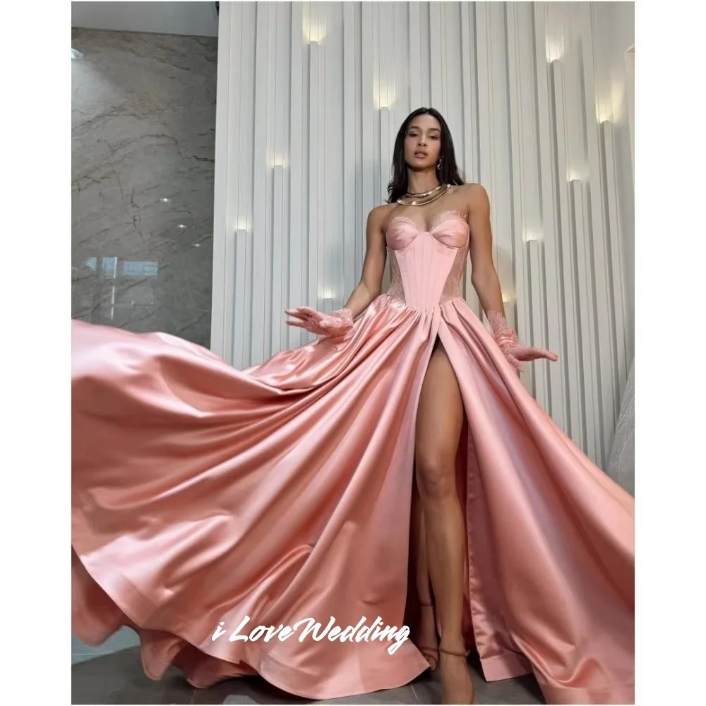 Pink Sweetheart Evening Dresses 2025 Sleeveless Lace A-Line Backless Split Floor-Length Prom Dress Pleated Party Dress Customize