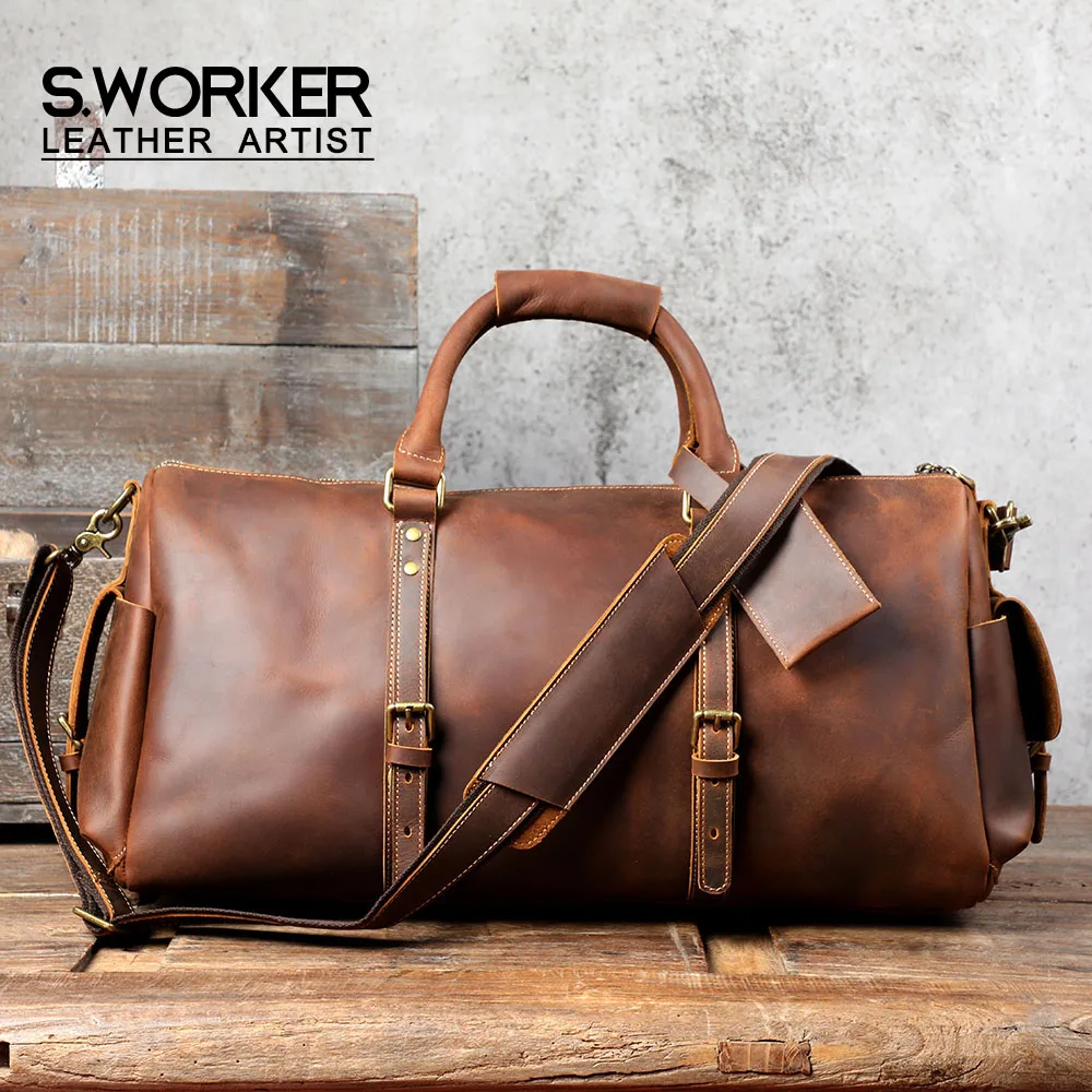 S.WORKER Handgefertigte Reisetasche aus Vollnarbenleder, Echtleder, große Kapazität, Business-Gepäck, Wochenend-Reisetasche – Detail 2