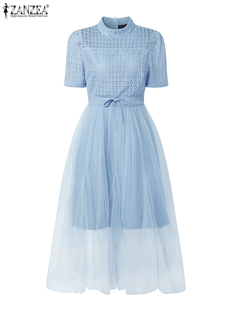 Zanzea elegante vestidos de festa para mulheres manga curta gola vestidos longos malha retalhos arco casual renda maxi vestido de verão robe