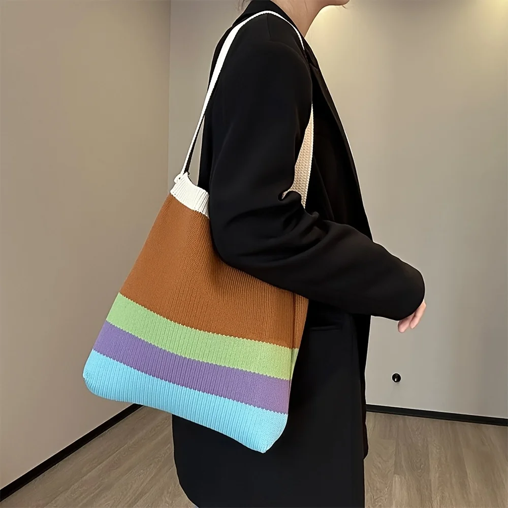 Neue Regenbogenfarbene Stricktasche im koreanischen Stil, einfache und vielseitige gestreifte Handtasche, Schultertasche, große Kapazität, Damentasche – Detail 3