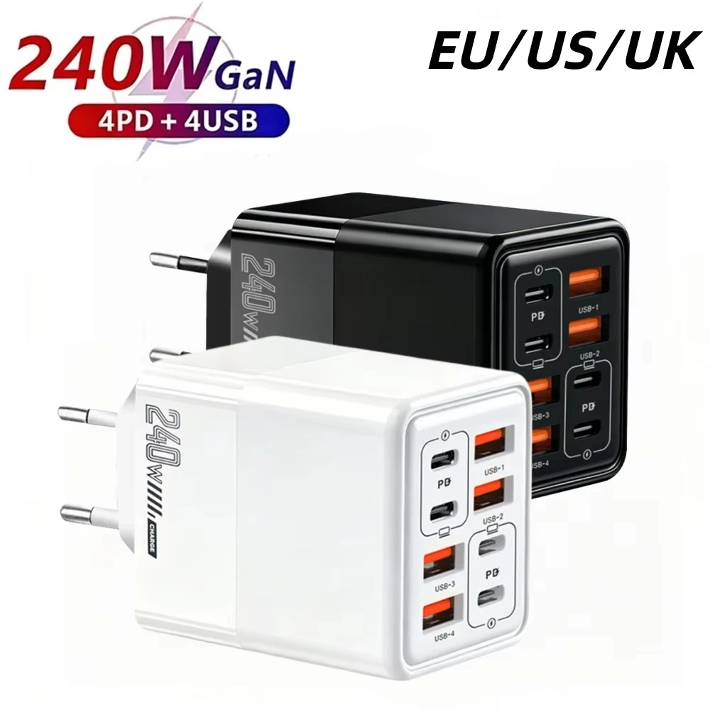 240W 8 in 1 USB C Charger Fast Charging Phone Charger Power Adapter For iPhone Samsung Xiaomi Huawei EU/US/UK Plug Wall Charger