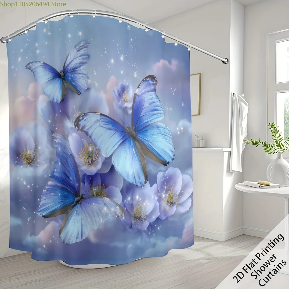 

Занавеска для душа с синими бабочками и цветами, машинная стирка, всесезонная, водонепроницаемая, защита от посторонних глаз, сказочный дизайн, элегантная, 12 крючков