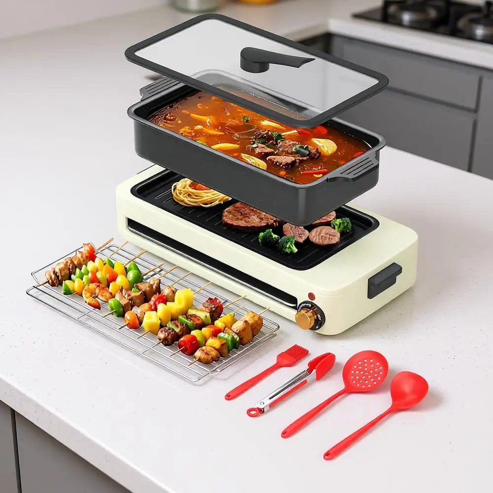 

1700W Electric Indoor Grill, Hot Pot & Griddle with 4 Tools – Adjustable Temp Control, Non-Stick Coating, Easy Clean White