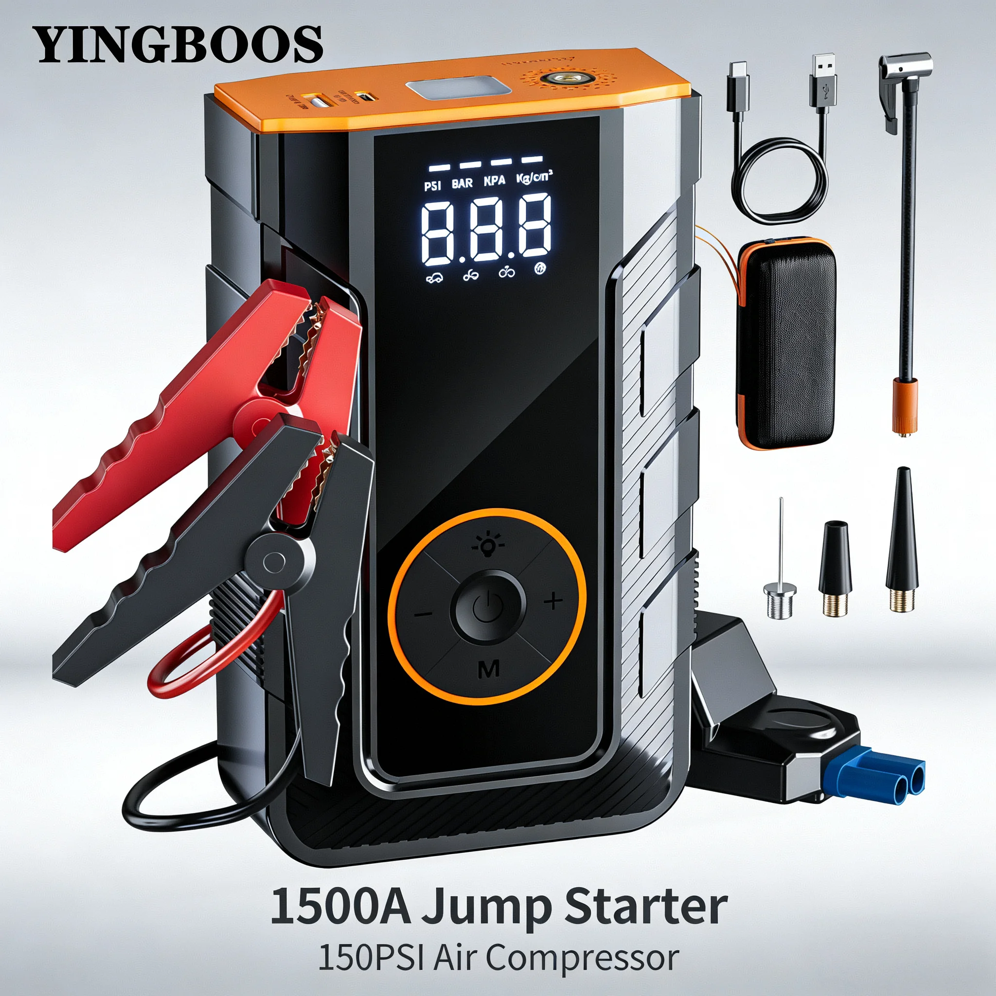 Démarreur de voiture X3 avec compresseur d'air, puissance de pointe 1500A, booster de batterie automobile, pompe à air 150 PSI, batterie externe portable, gonfleur de pneus