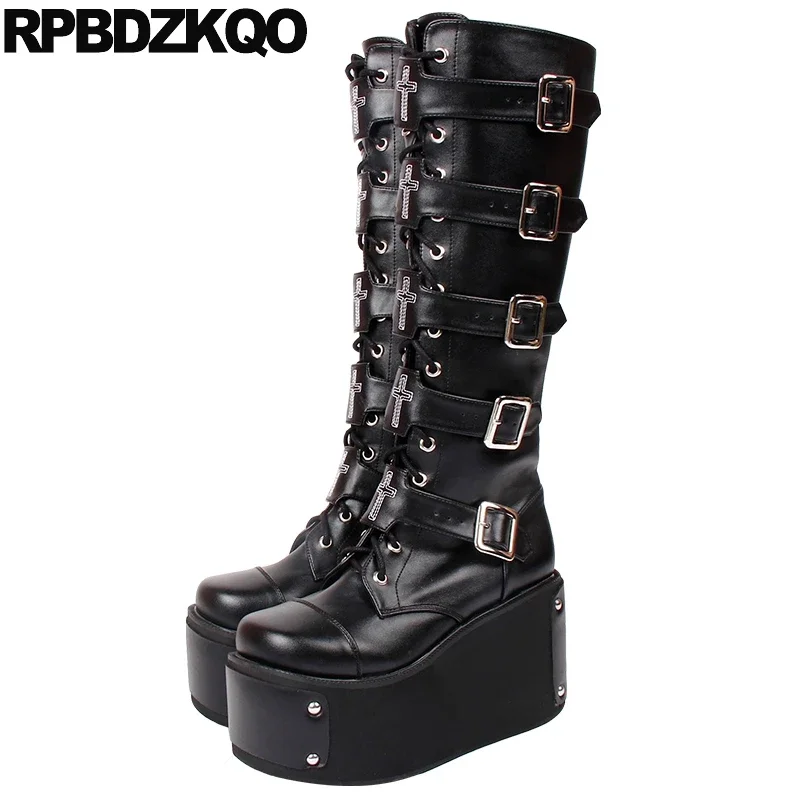 Knee High Wedge Shoes Belts Rock Patent Leather Women Big Size Lace Up Heel Goth Platform Boots Punk Harajuku 46 Motorcycle Y2k