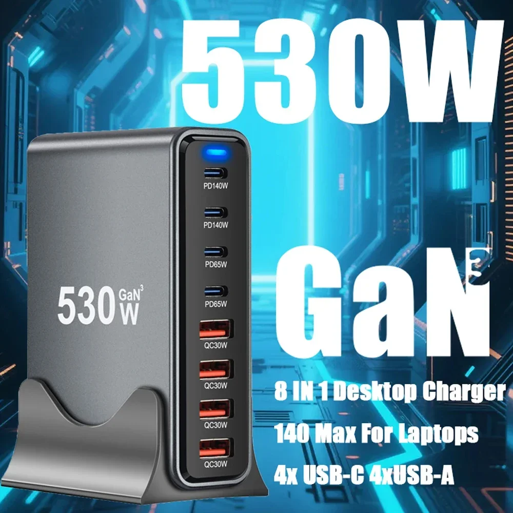 

530W GaN USB Fast Charger 8-port Desktop Charging Station PD Charger Fast 3.1 3.0 USB Type C Fast Charger for iPhone 15/Samsung