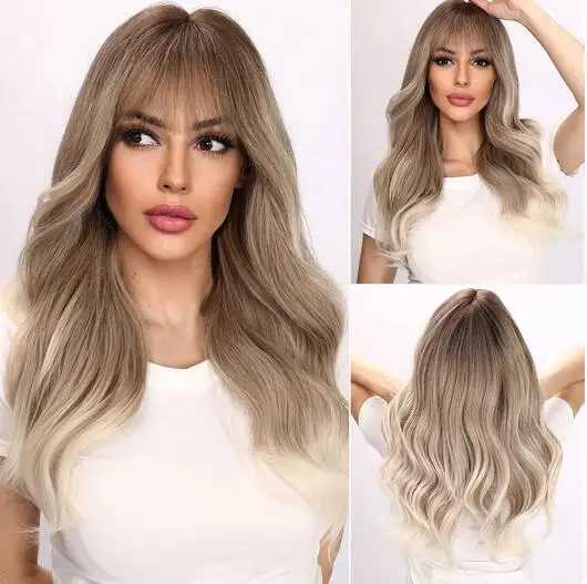 

Grey To White Long Wavy Wigs With Straight Bangs For Women Cosplay Party Daily Synthetic Fake Hair Heat Resistant Wig