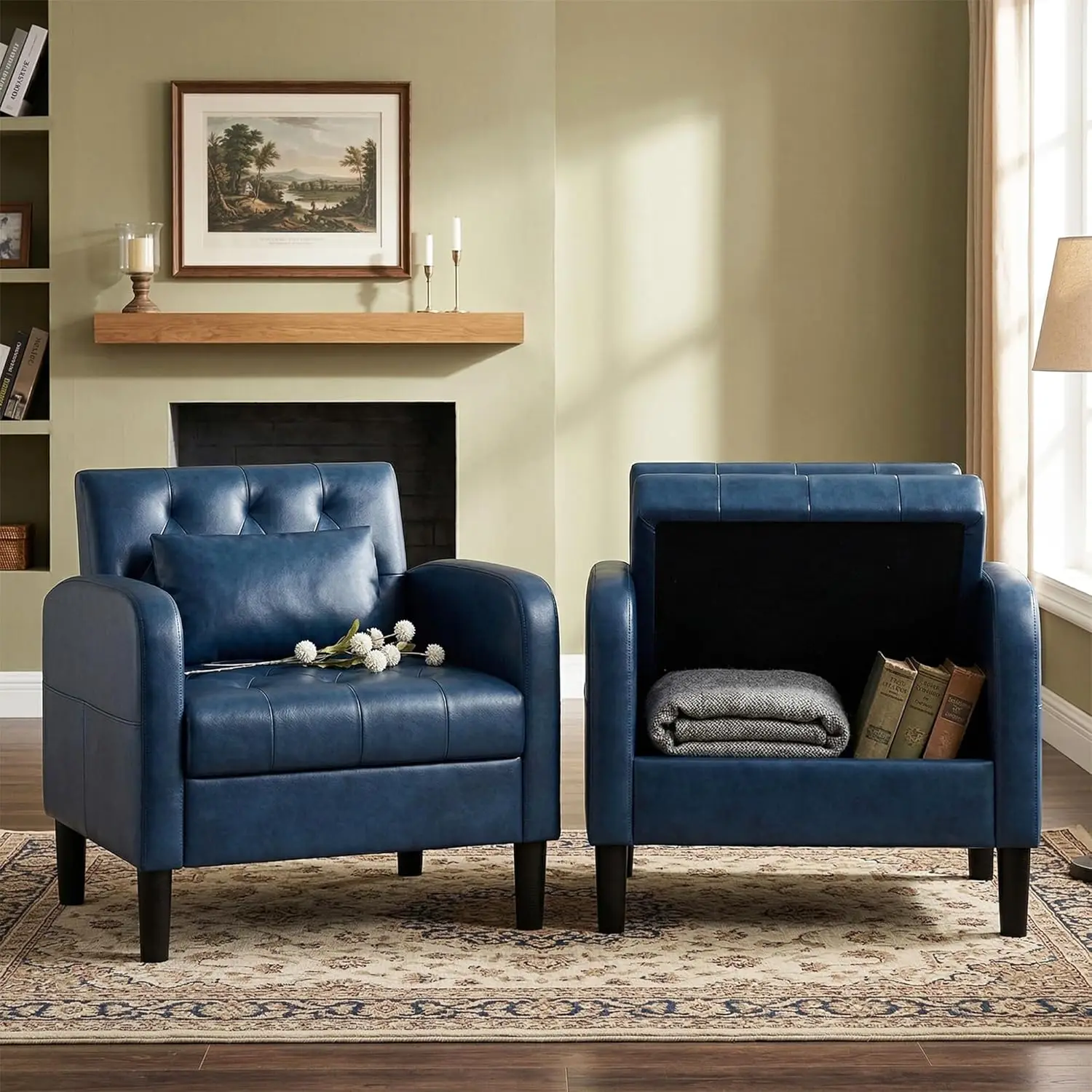 

Blue Faux Leather Accent Chair Set w/Storage Ottoman, Comfy Reading Armchair for Living Room Bedroom Office, 2 Pack, Customized