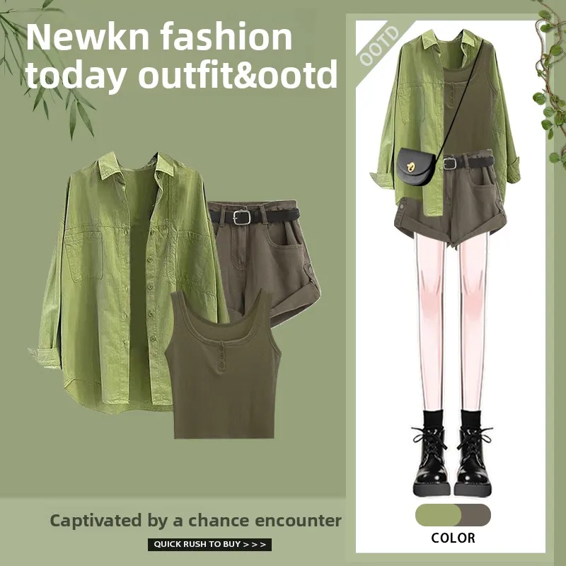 

Весенний модный женский комплект из трех предметов: рубашка, шорты с высокой талией и облегающие шорты, стильный европейский дизайн, на пуговицах, из полиэфирного волокна