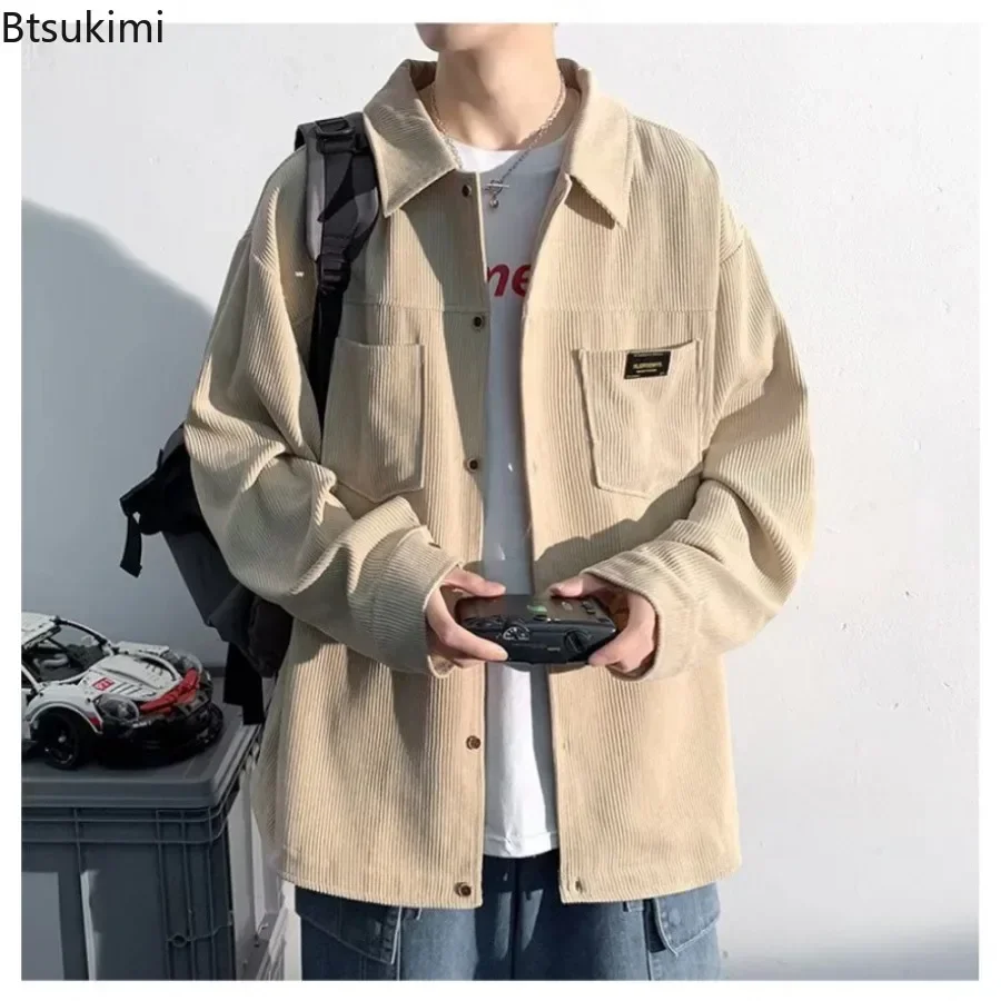 2024 Men\'s Fashion Harajuku Corduroy Long-sleeved Shirt Retro Style Loose Casual Shirt Coats Oversized Cardigan Men Cargo Jacket