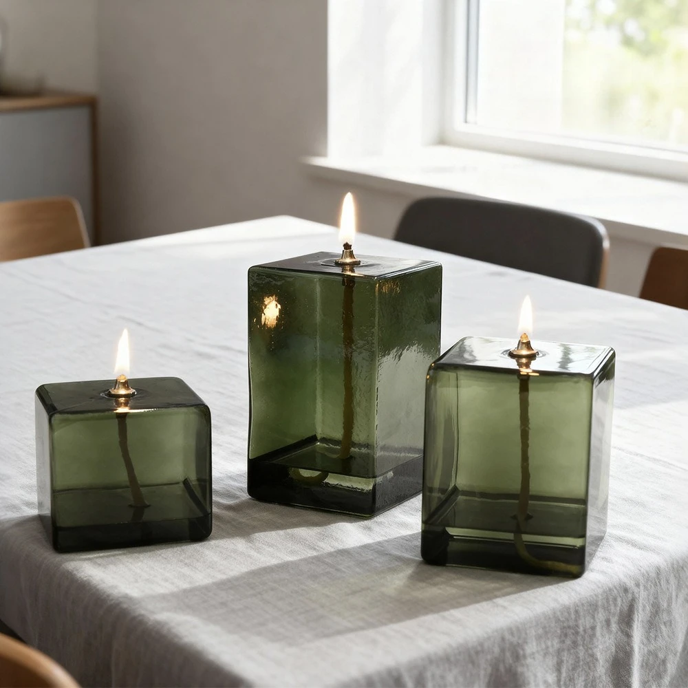 Square Tinted Green Glass Candle Holder Modern Simple Style Desktop Candle Living Room Party Bookshelf Ornament