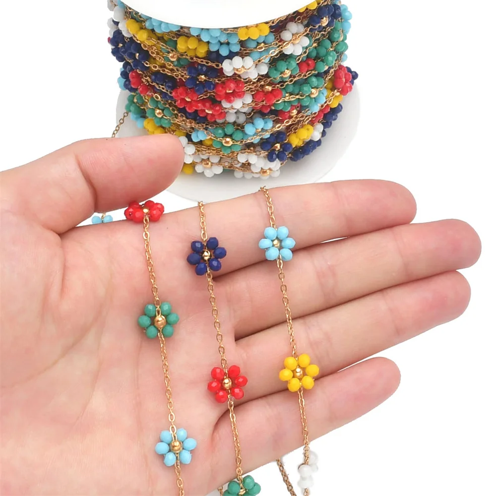 Cadena chapada en oro de 1M para fabricación de joyas, cadena cruzada de acero inoxidable, cadena de eslabones de flores de cristal colorido, collar, pulsera DIY para mujer