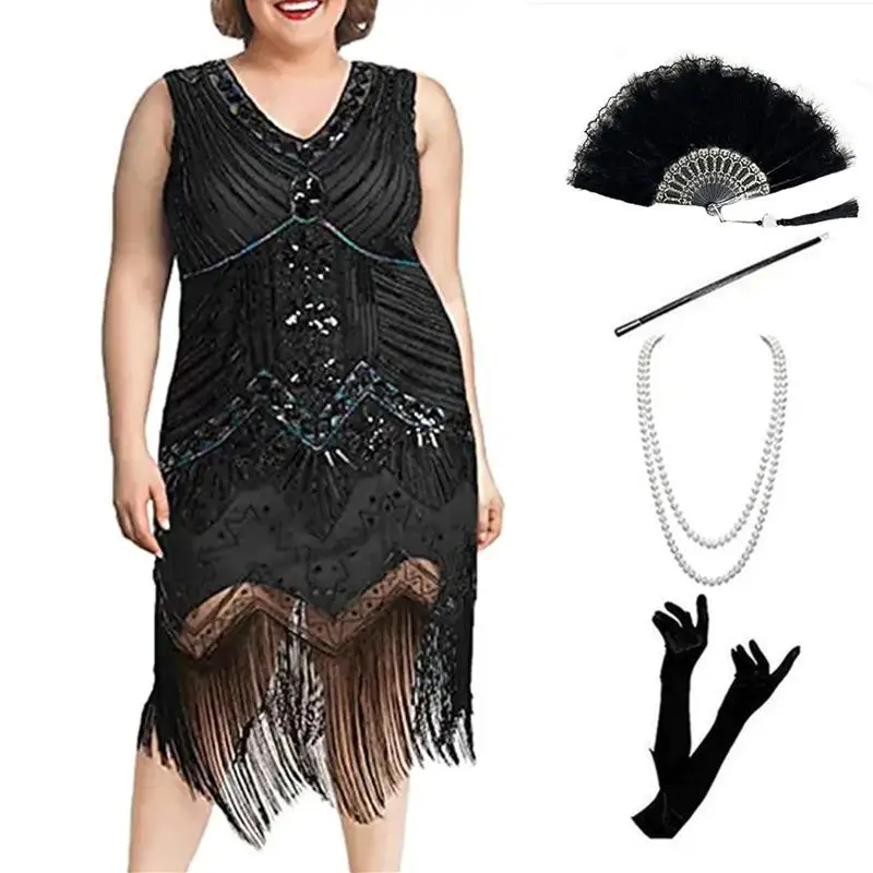 Large Size Women's Ensemble 920s Retro Sequin Par Dinner V-ne Tassel Dr Beadwork Winter Collection Gown