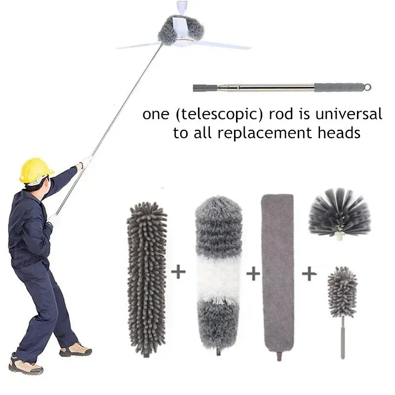 6 Brush Heads 2.8 Meter One Pole Multi Head Dust Collector Extended Ultra-Fine Fiber Ceiling Sweeping Brush Chicken Feather Dust