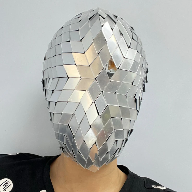 Pełna Srebrna Maska z Lusterek Seksowny Strój do Tańca Gogo Kostium na Halloween Klub Nocny Bar Dj Ds Akcesoria do Występów Scenicznych Nakrycie Głowy XS10342