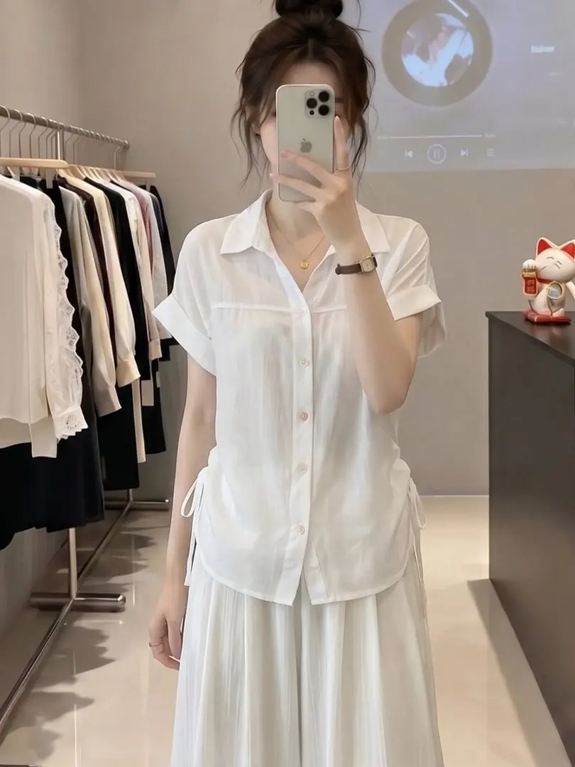 

Elegant Shoulder Shirt Short Sleeve Women's Summer 2026 New Unique Drawstring Beautiful Turn-down Collar Korean Style Lo...