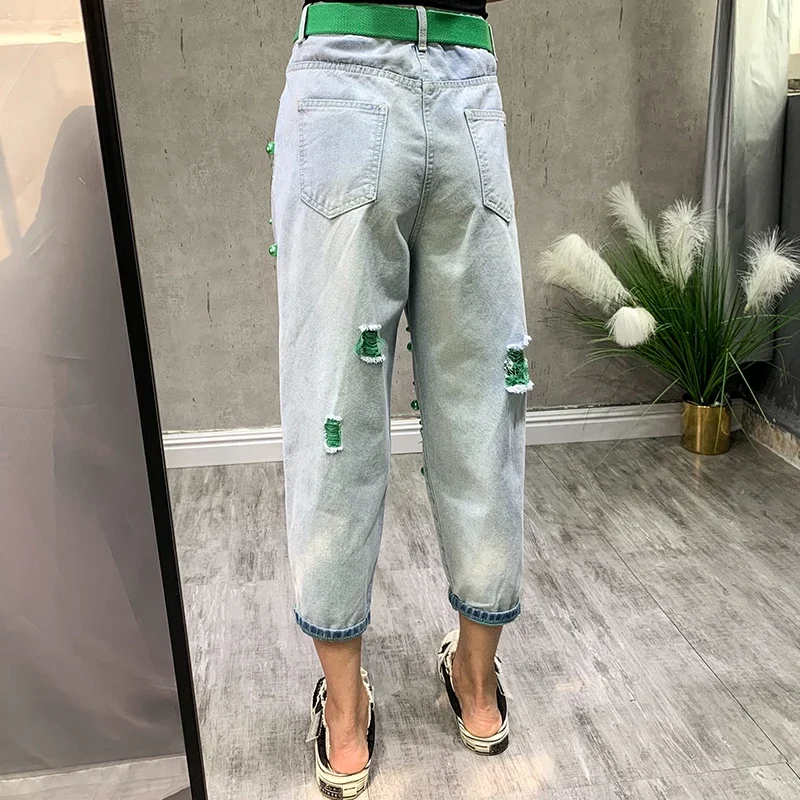 High Waist Skinny Jeans Women's Thin Denim Pants Destroyed n Harlan Loose Fit Nine Points Casual Summer Jeans XT1398