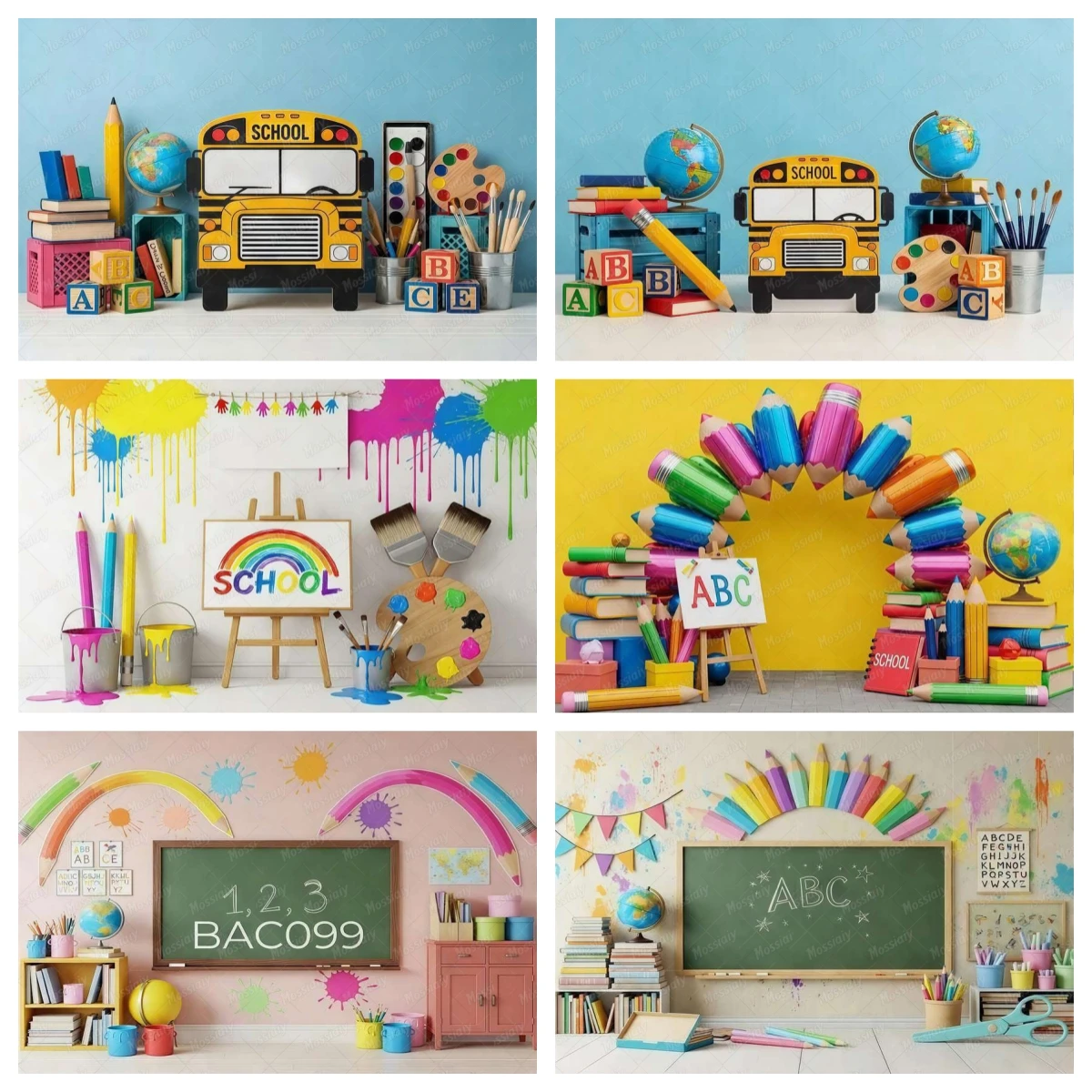 Zurück zur Schule Fotografie-Hintergrundbanner Bus Globus Klassenzimmer ABC Kindergeburtstag Party Porträt Dekor Kulisse Fotostudio