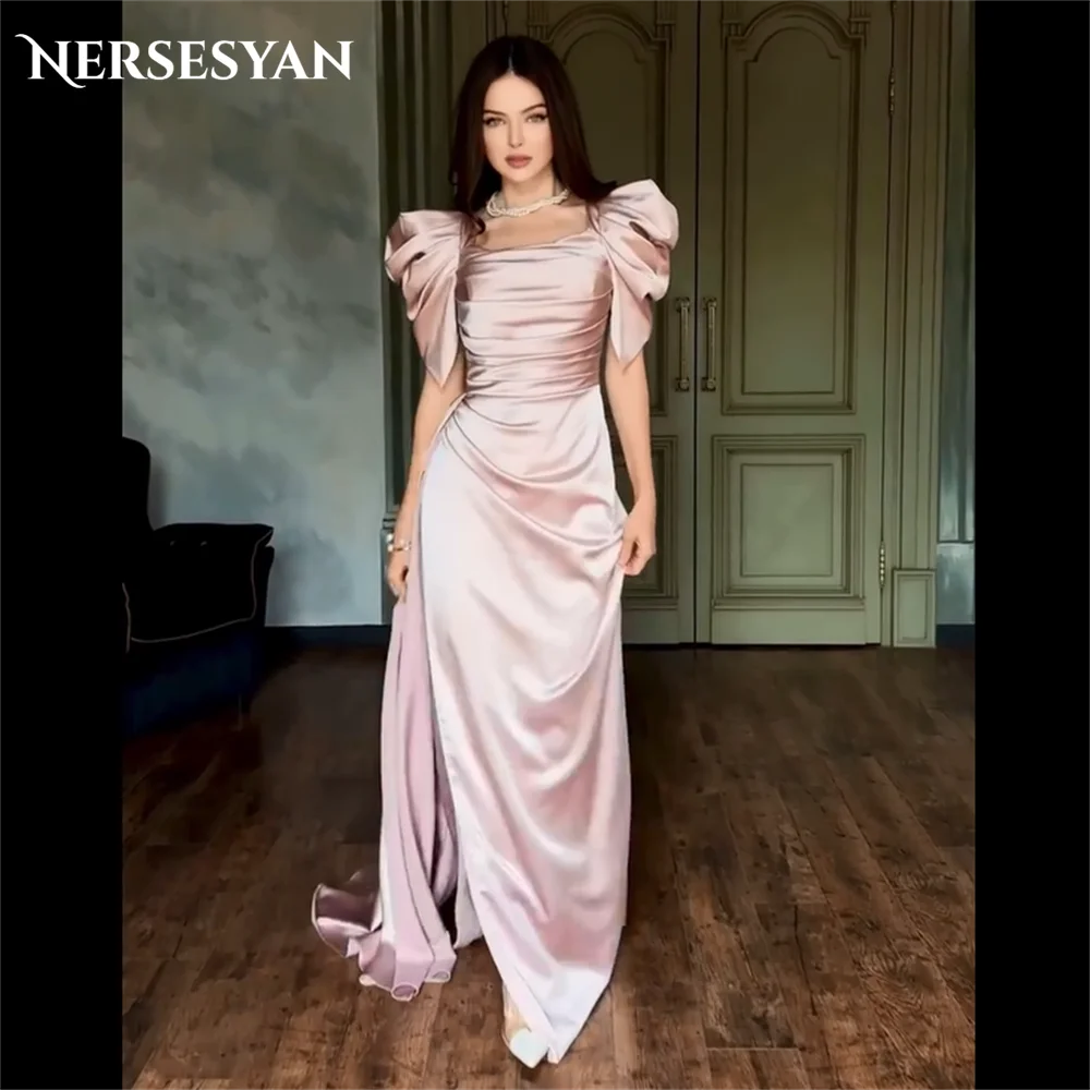 

Nersesyan Mermaid Blush Pink Evening Dresses Square Collar Pleats Cap Sleeves Formal Dress Side Slit Party Gowns 2025 Customized