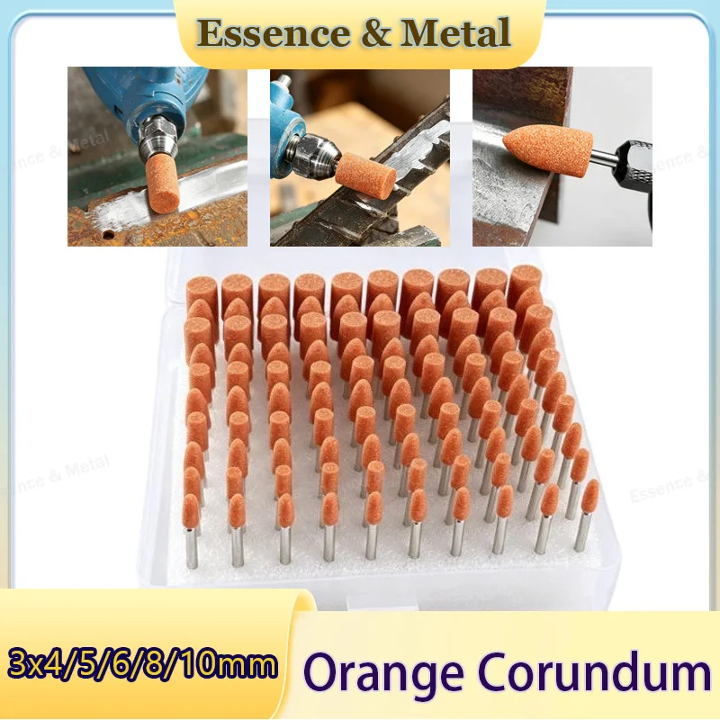 100PCS/Box Orange Corundum Grinding Wheel Grinding Head 3mm Shank Cylindrical/Peach Shaped Grinding Head Suitable for Deburring