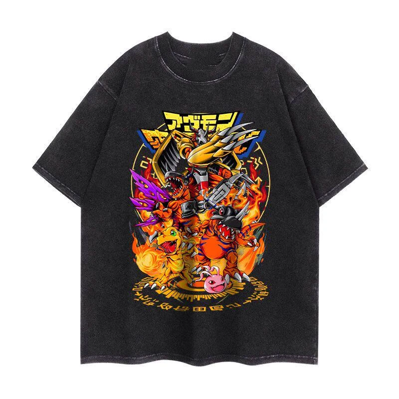 Best Anime Digimon American Street Washable Short-sleeved T-shirts for Men and Women Cartoon Round-neck Loose Retro Couple Tops