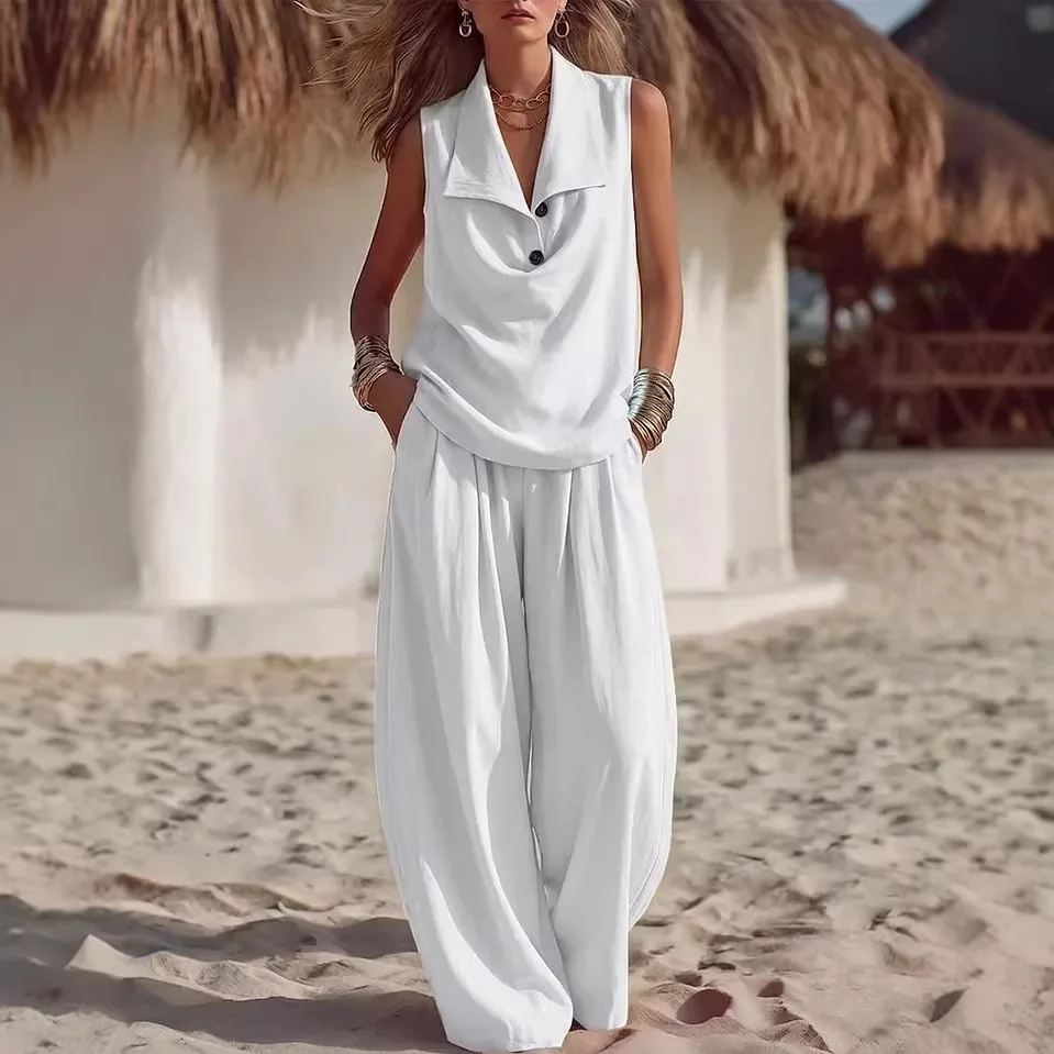 

Lapel Sleeveless Vest Solid Color Loose Solid Color Top With Pockets Wide-leg Trousers Two-piece Set Women's Summer Casual Suit