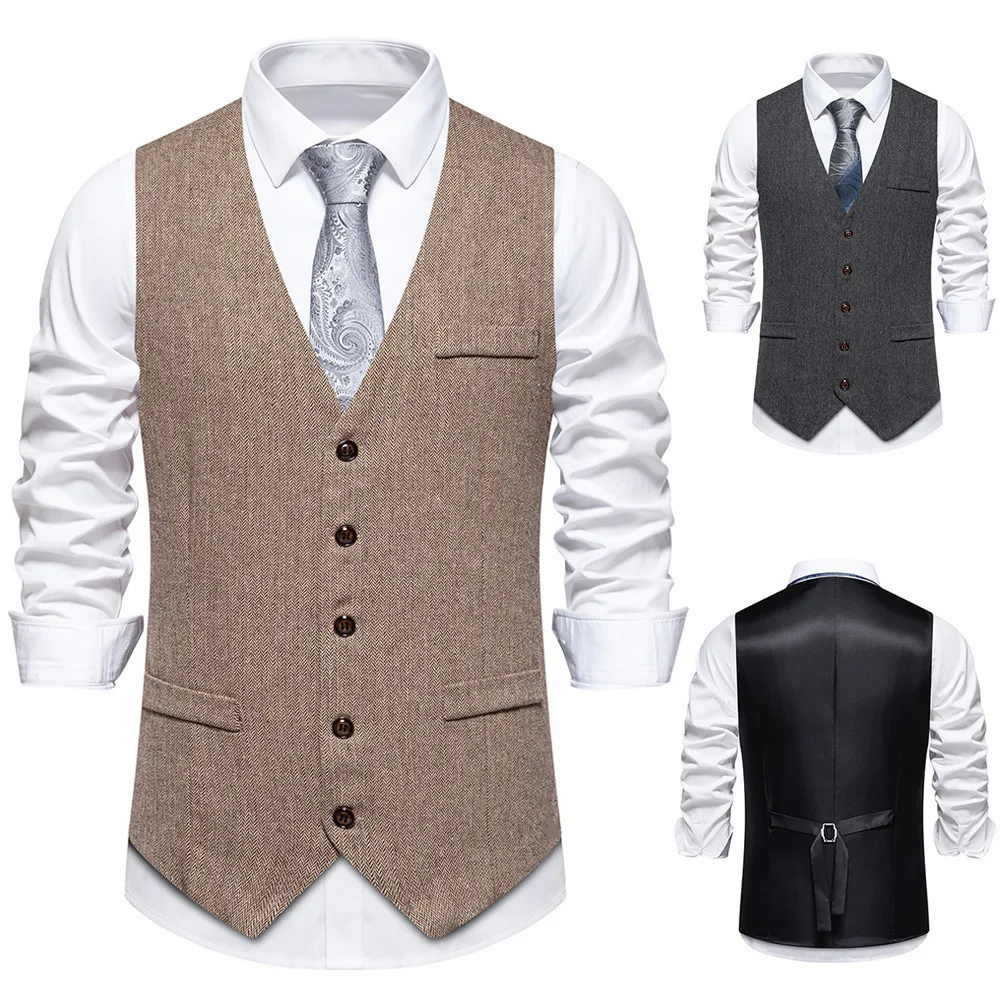 #4856 Khaki Gray Men\'s Sleeveless Vest Single Breasted Office Male Vest V-neck Split Joint Elegant Man Vest Regular Fit Spring