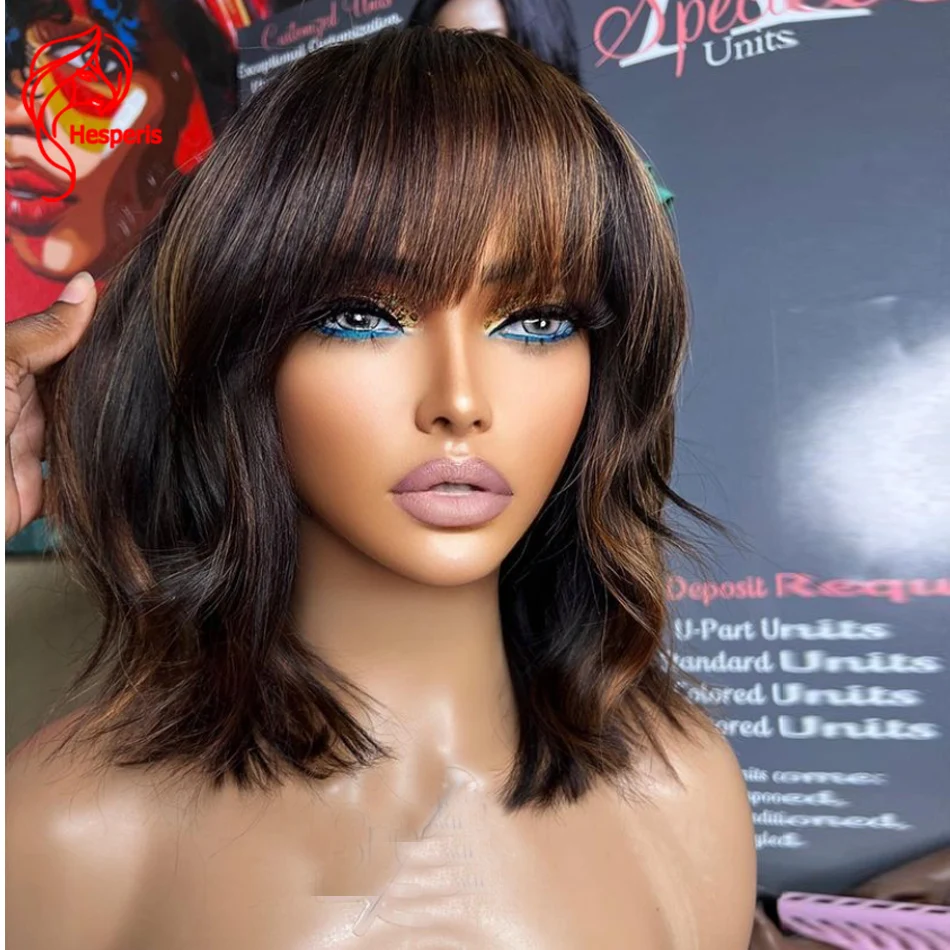 Hesperis Natural Wave Full Machine Made Wig With Bangs Remy Brazilian Hair Short Bob Human Hair Wigs Highlight For Black Women