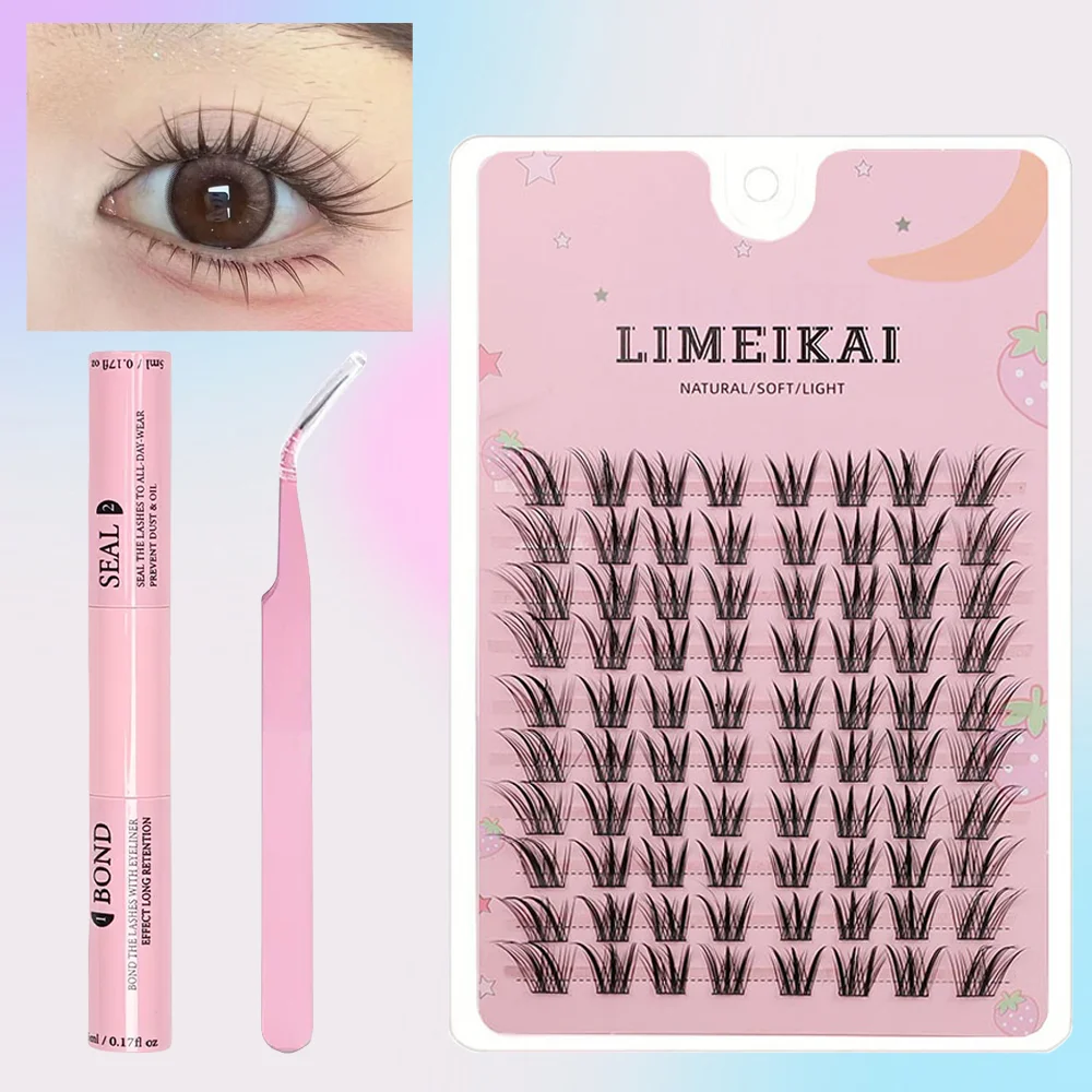 Natürlich Aussehende Anime-Künstliche Wimpern + Wimpernkleber + Spezieller Wimpernclip DIY Wimpernverlängerungs-Set - 80 Cluster, 12-14mm