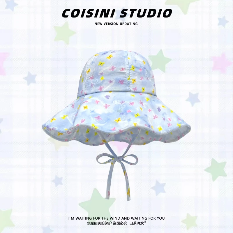 Ins Fresh and Lovely Printed Strap Bucket Hats for Women Summer Travel Seaside Sunscreen Versatile Fashion Thin Sun Hat