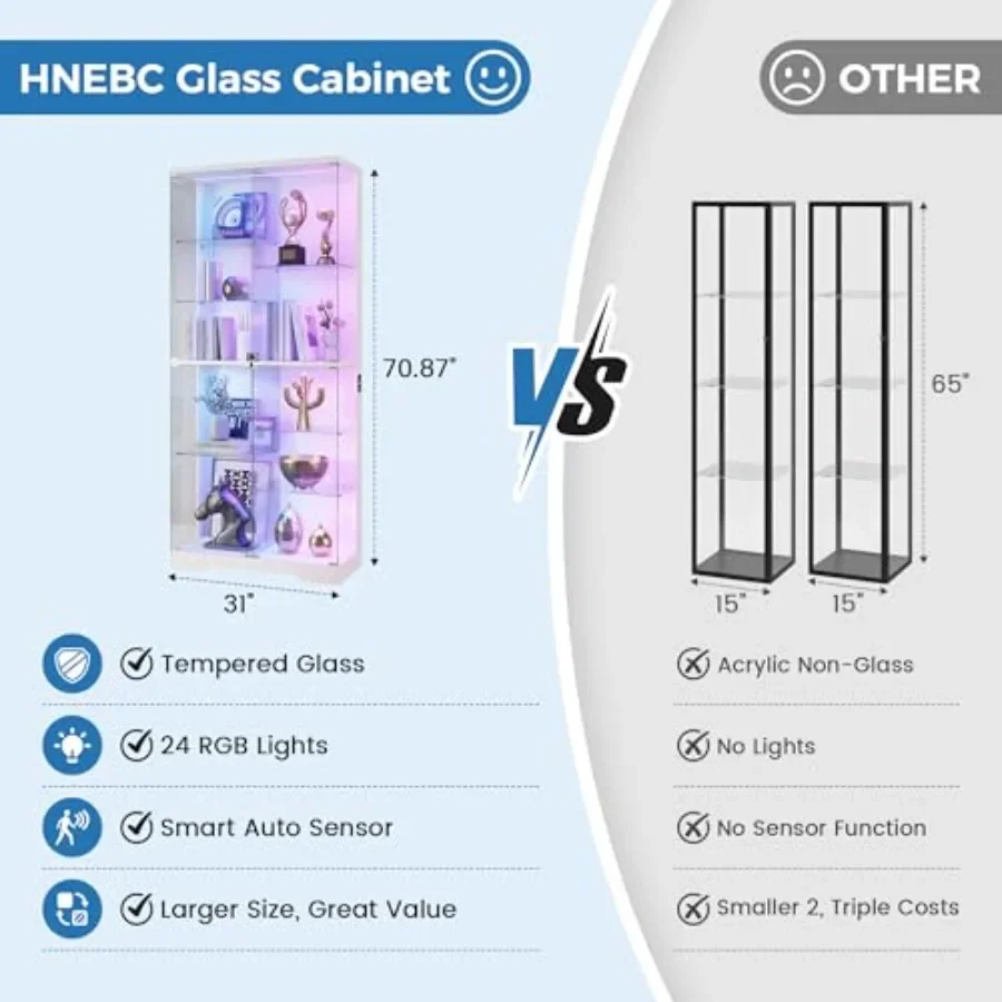 Frameless glass display cabinet for gaming room collectibles, tempered glass, clear, sleek minimalist design with adjustable LE