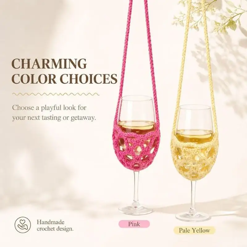 1Pcs Portable Knitted Crochet Wine Glass Crossbody Holder Hollow Knitted Wine Cup Sling Sleeve With Shoulder Strap Goblet Carry