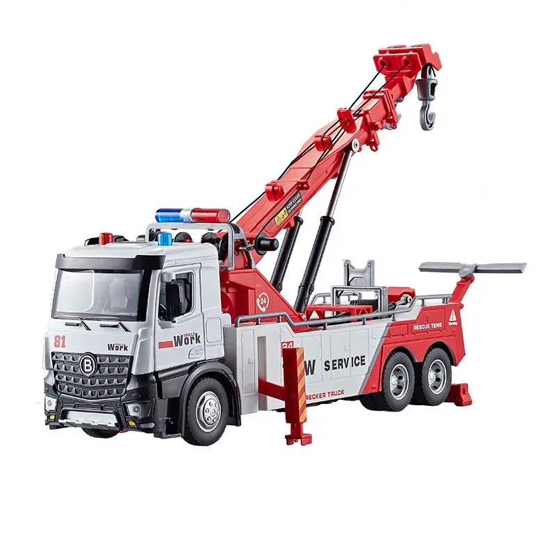 Grote dubbele haak reddingsauto kraan legering voorgeluid en licht grote technische bediening auto simulatie trailer speelgoed
