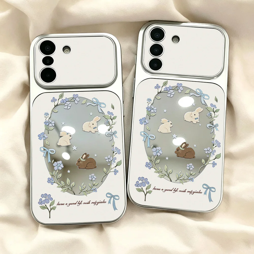 Rabbit Flower Mirror Case For Samsung A57 A56 5G A55 A36 A54 5G A37 A26 A35 A53 A18 A16 A17 A08 S26 Ultra S25 S24 Ultra S23 FE