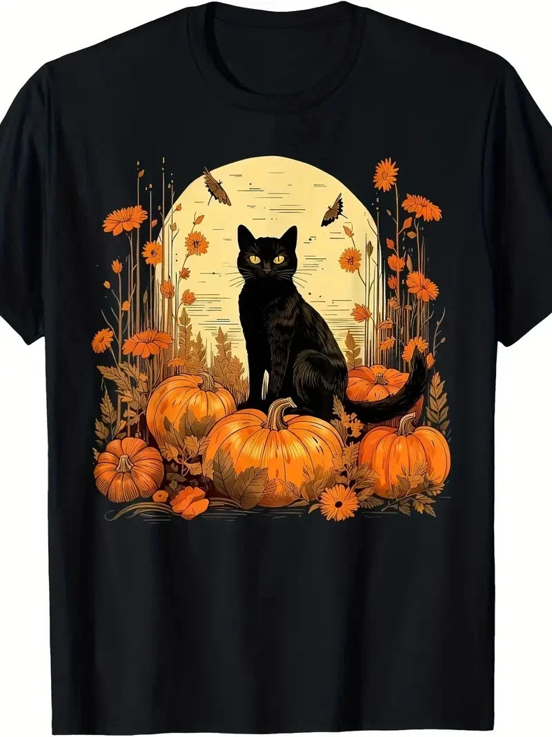 

Women's Halloween Black Cat & Pumpkins Graphic T-Shirt Unisex Streetwear Oversized Loose Casual Short Sleeve