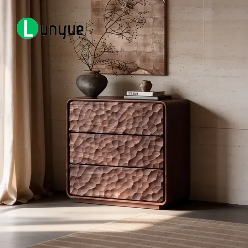 Walnut 3 Drawer Solid Wood Floor Storage Cabinet Retro Carved Flower Design Living Room Bedroom Furniture Organizer
