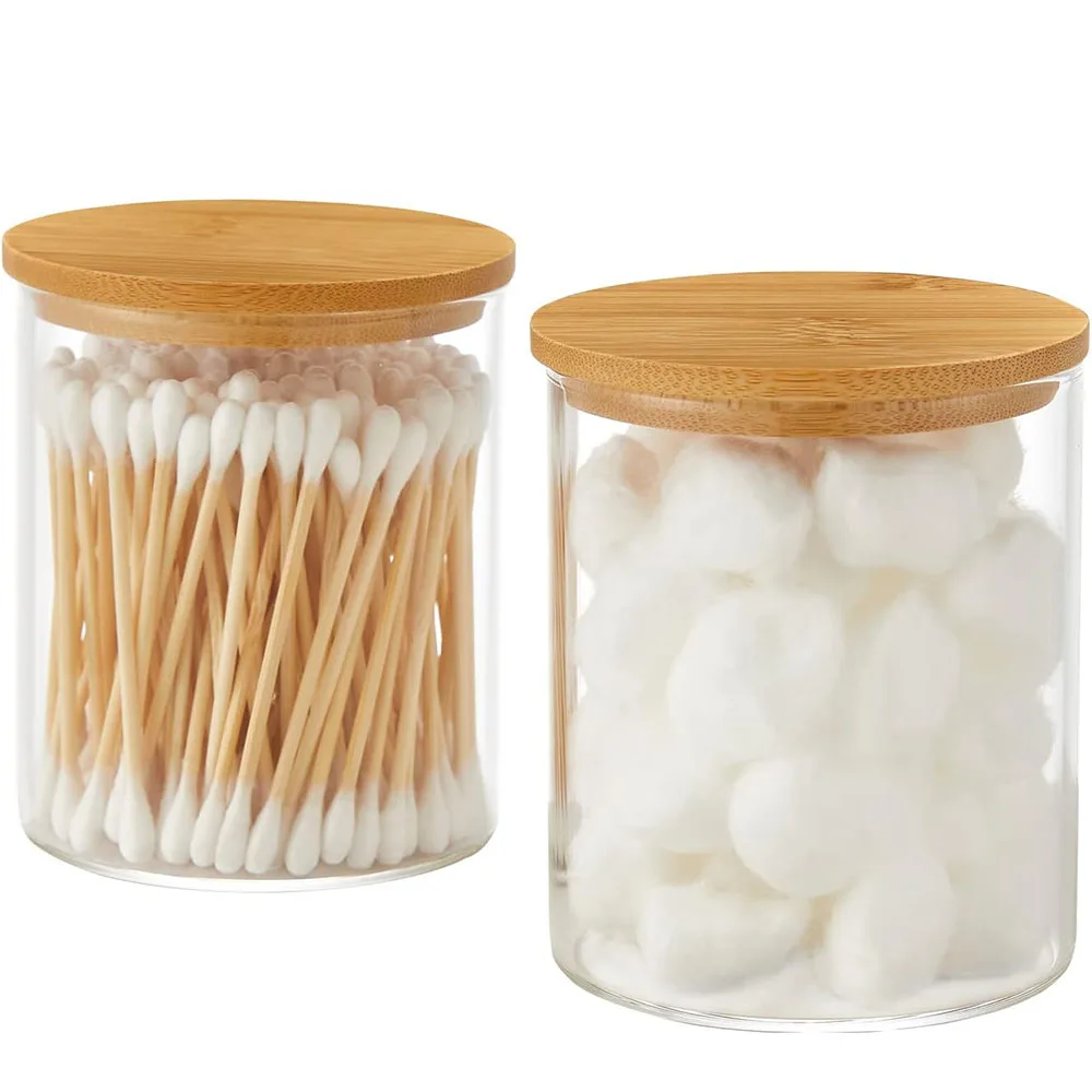 Glass Qtip Holder Dispenser with Bamboo Lid Apothecary Jars Cotton Balls Pads Swabs Holder Jar Bathroom Vanity Canisters Jars