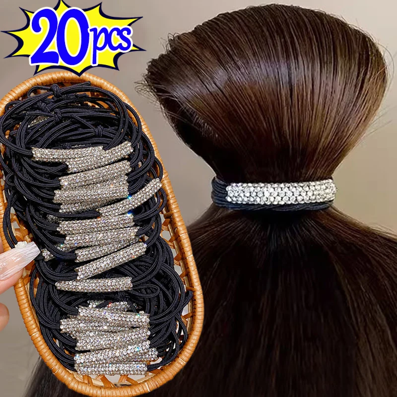 Strass brilhante elástico sem costura para mulheres, corda de cabelo preto, elástico, acessórios de cabelo, nova moda, venda quente, 1 pc, 20pcs,