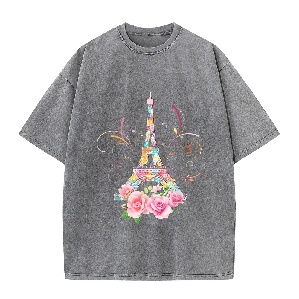 Colorful Eiffel Tower of Paris in France Parisian Rose T-Shirt Argentina Men Short Sleeve Tee Tops Y2k Nice For Gift Summer Top