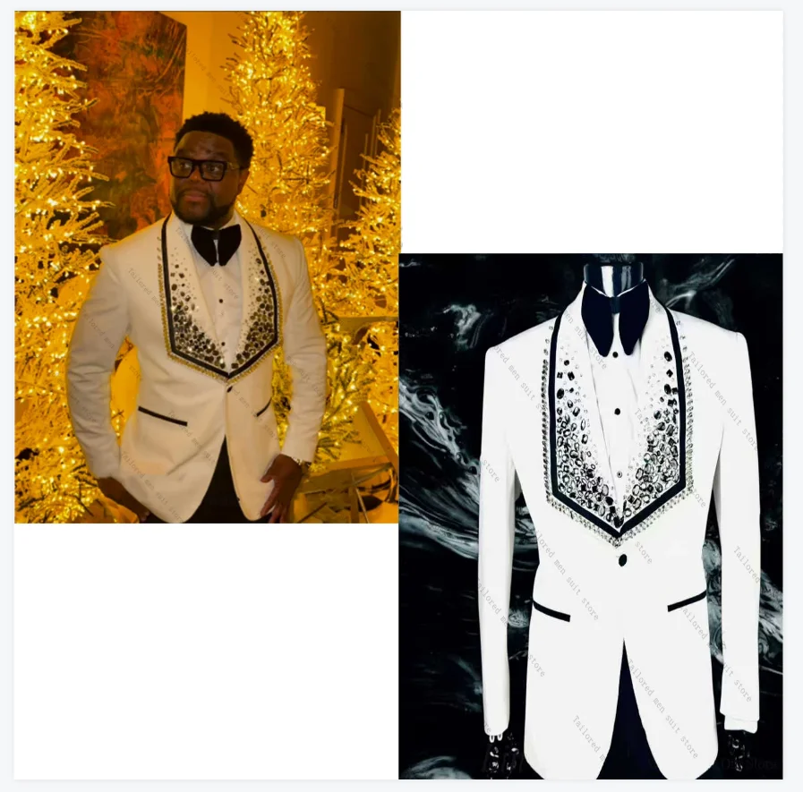 

Crystals White Men Suits Set 2 Pieces Blazer+Black Pants Trousers Wedding Tuxedos Jacket Formal Office Business Groom Male Coat